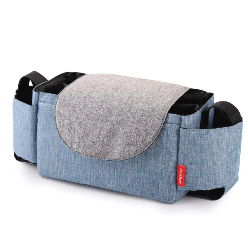 Blue and gray car organizer with a red label on a white background