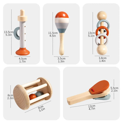Set of wooden toys with measurements on a white background
