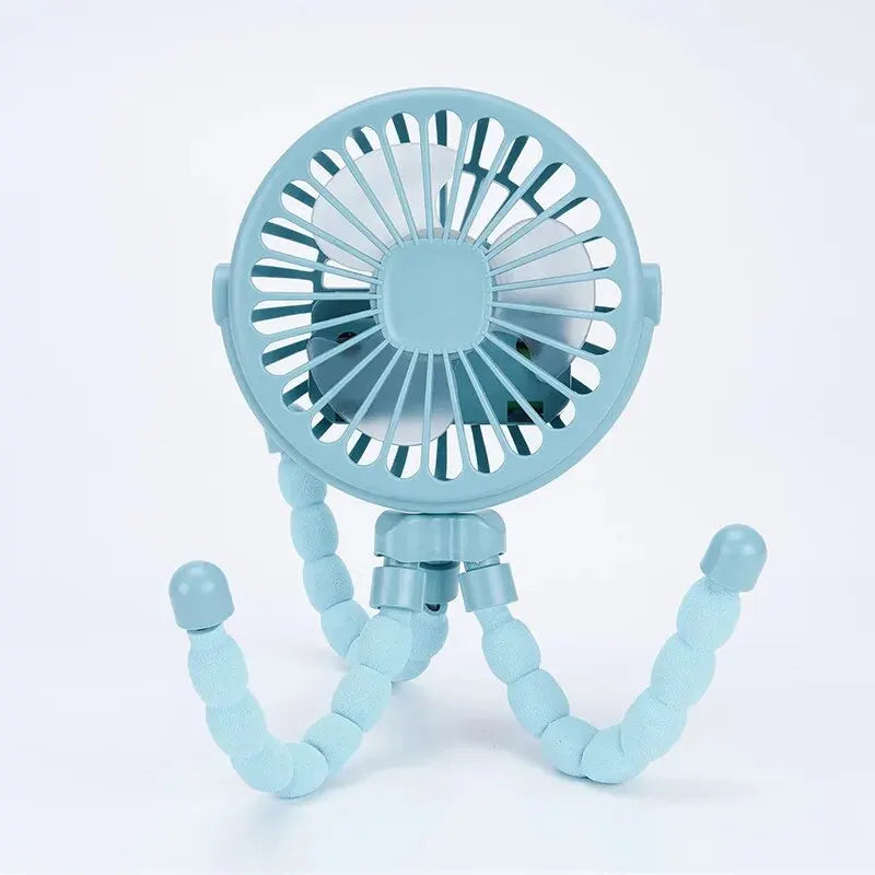 Light blue handheld fan with flexible arm on a white background