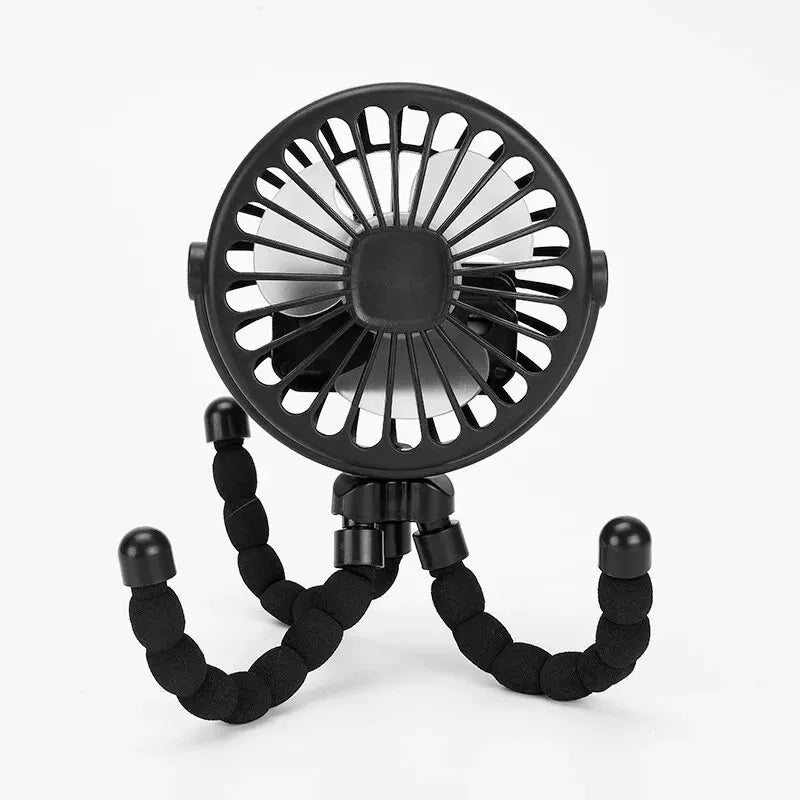 Black handheld fan with flexible arm on a white background