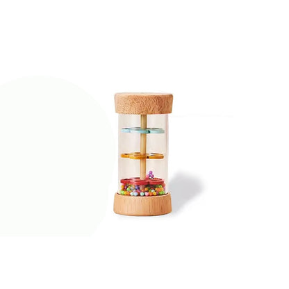 Transparent hourglass with wooden top and bottom on a white background