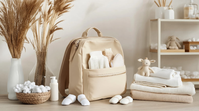 Image of a light beige diaper bag.