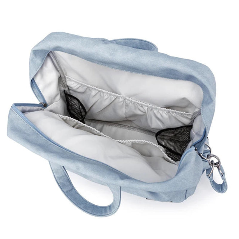 Light blue backpack with open front compartment on a white background