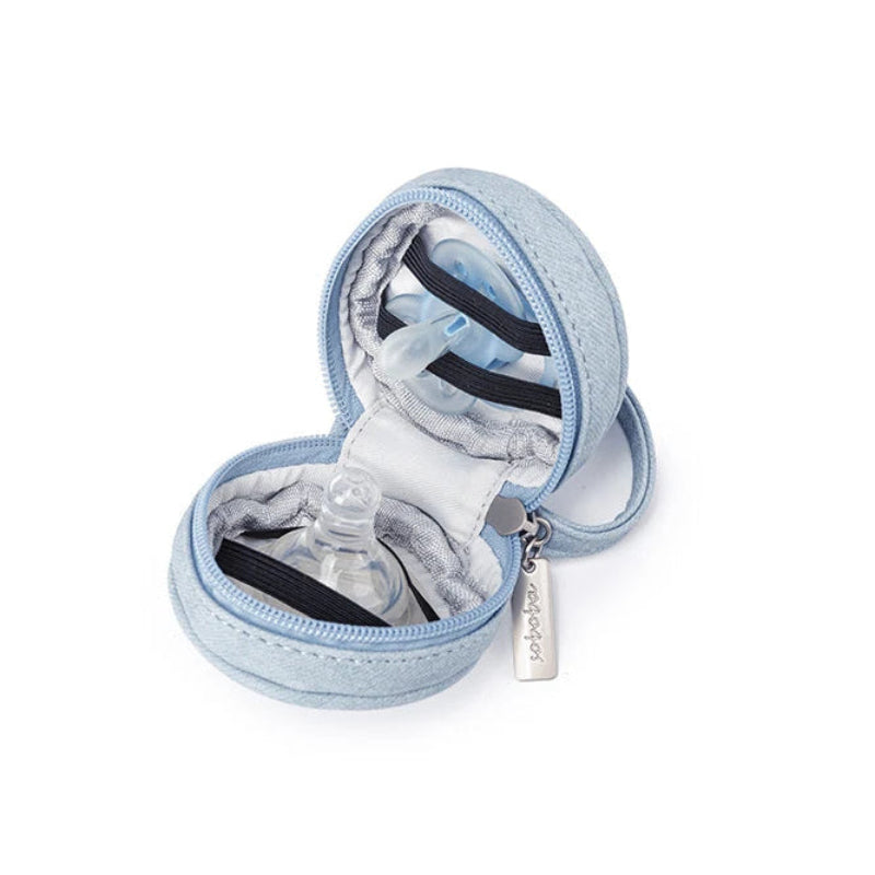 Small light blue jewelry case with a mirror on a white background