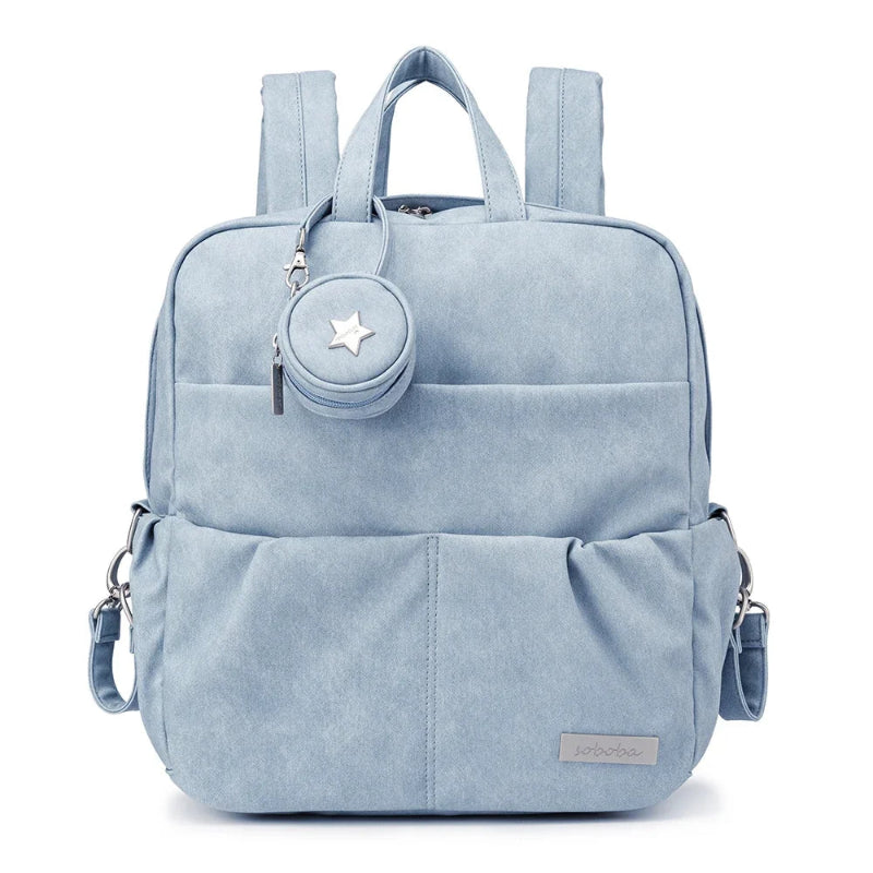 Light blue backpack with a small round pouch on a white background