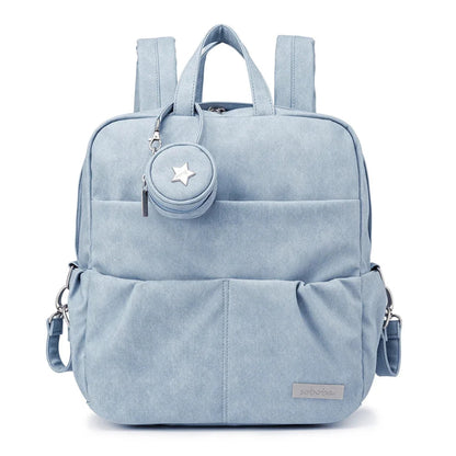 Light blue backpack with a small round pouch on a white background