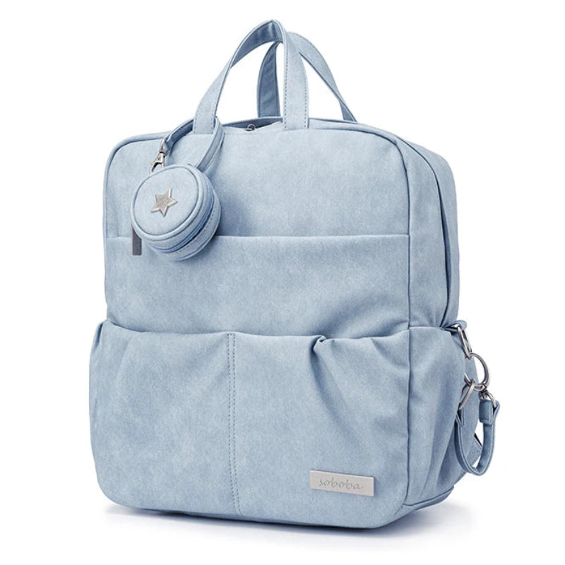 Light blue backpack with a small round pouch on a white background