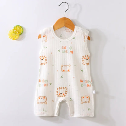 Baby romper with animal prints on a hanger against a light background