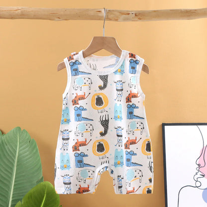 Children's sleeveless romper with animal pattern on a hanger against a yellow wall.