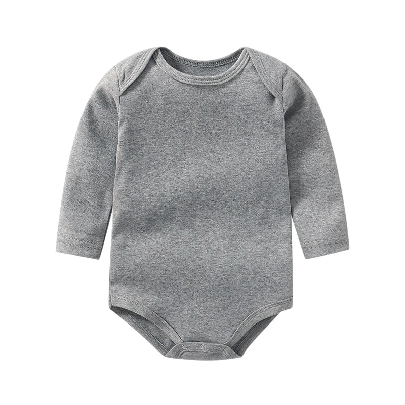 Gray baby bodysuit with long sleeves on a white background