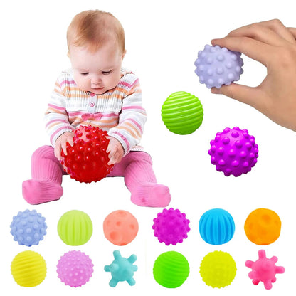 Baby playing with colorful textured balls and a hand holding one, with more balls displayed below.