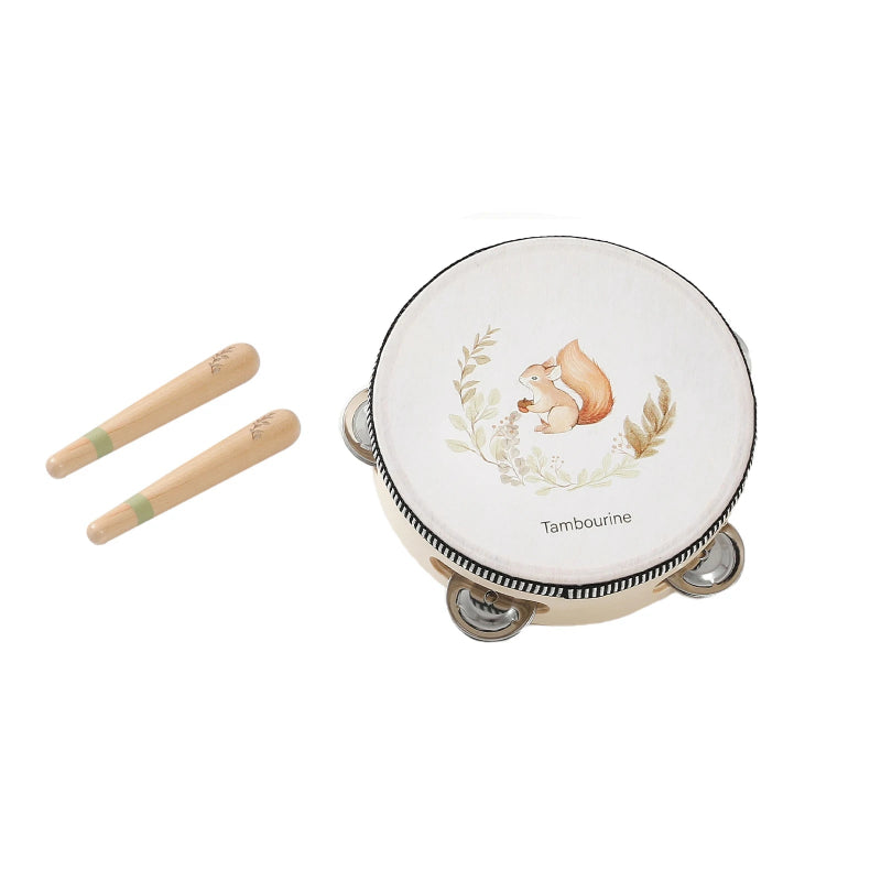 Tambourine with a squirrel design and two wooden sticks on a white background