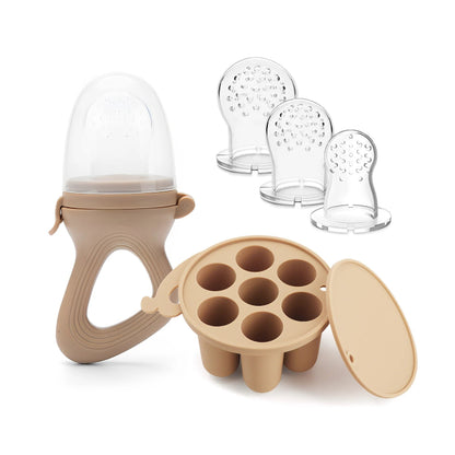 Baby feeding set with pacifier, bottle, and multiple silicone teats on a white background