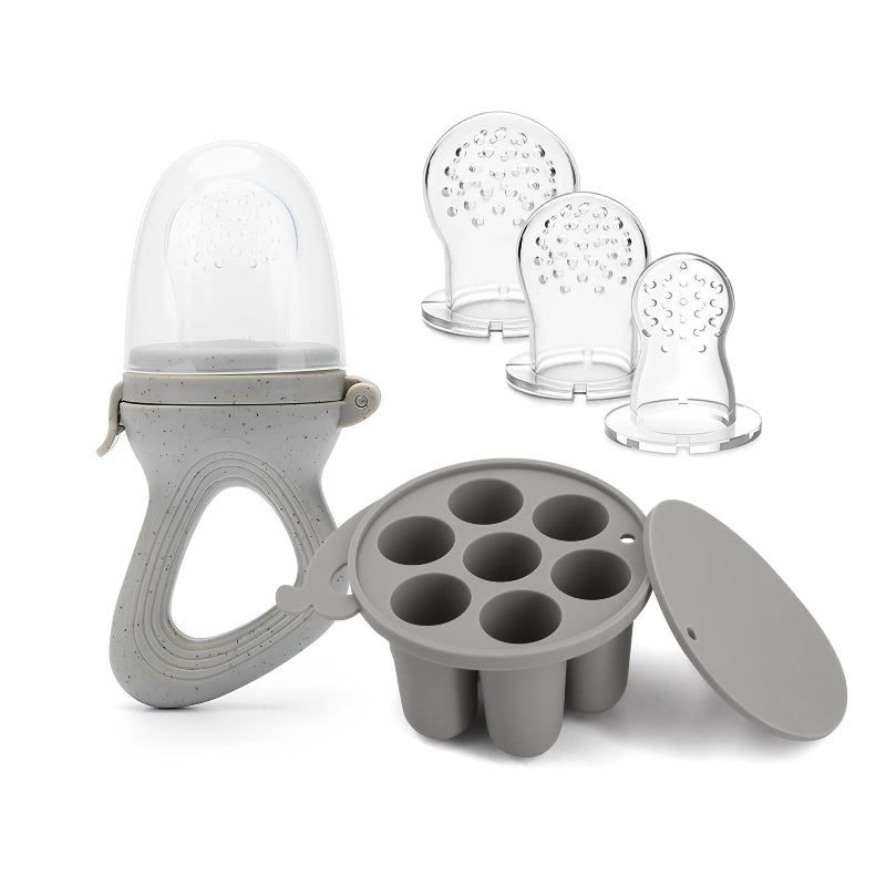 Gray baby feeder with multiple components on a white background