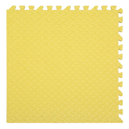 Yellow foam puzzle mat with interlocking edges on a white background