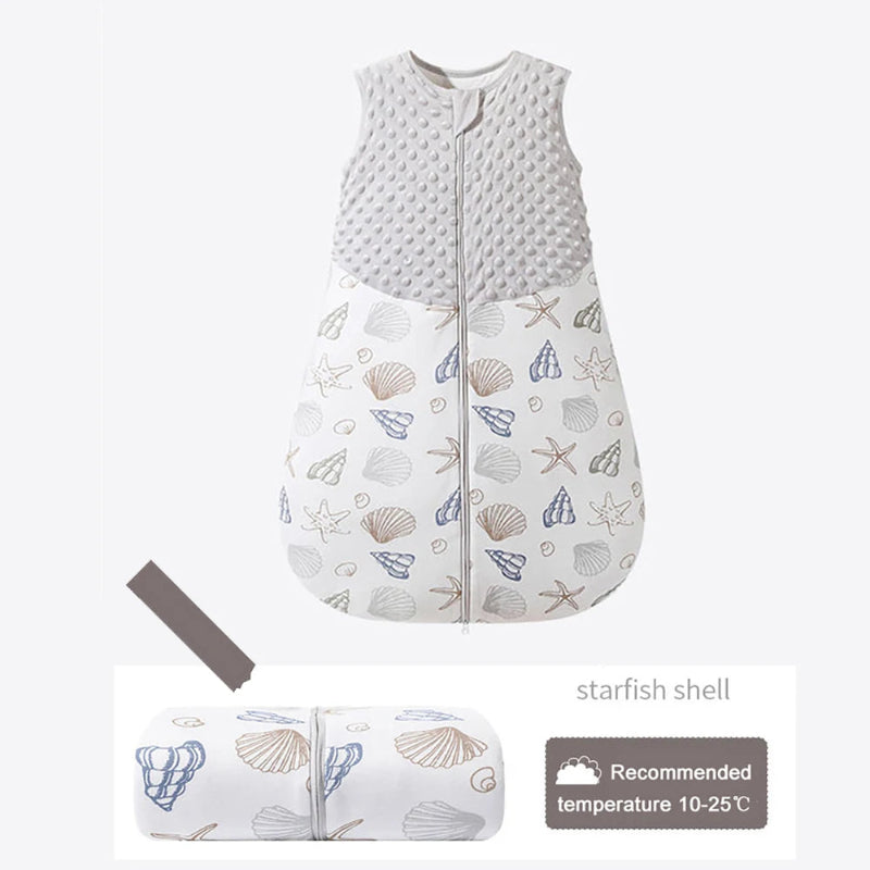 Baby sleeping bag with starfish shell pattern on a white background