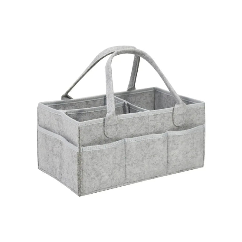 Gray fabric caddy with multiple compartments on a white background