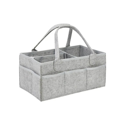 Gray fabric caddy with multiple compartments on a white background