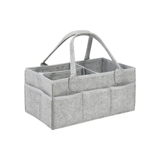 Gray fabric caddy with multiple compartments on a white background