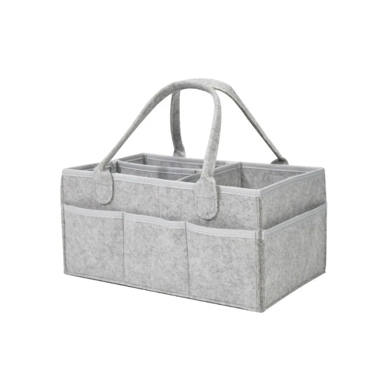 Gray fabric caddy with handles on a white background