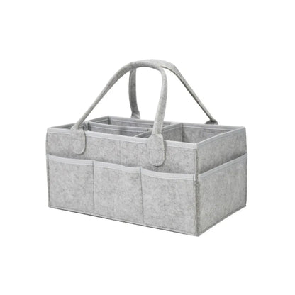 Gray fabric caddy with handles on a white background