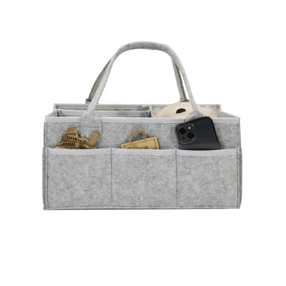Gray fabric caddy with compartments on a white background