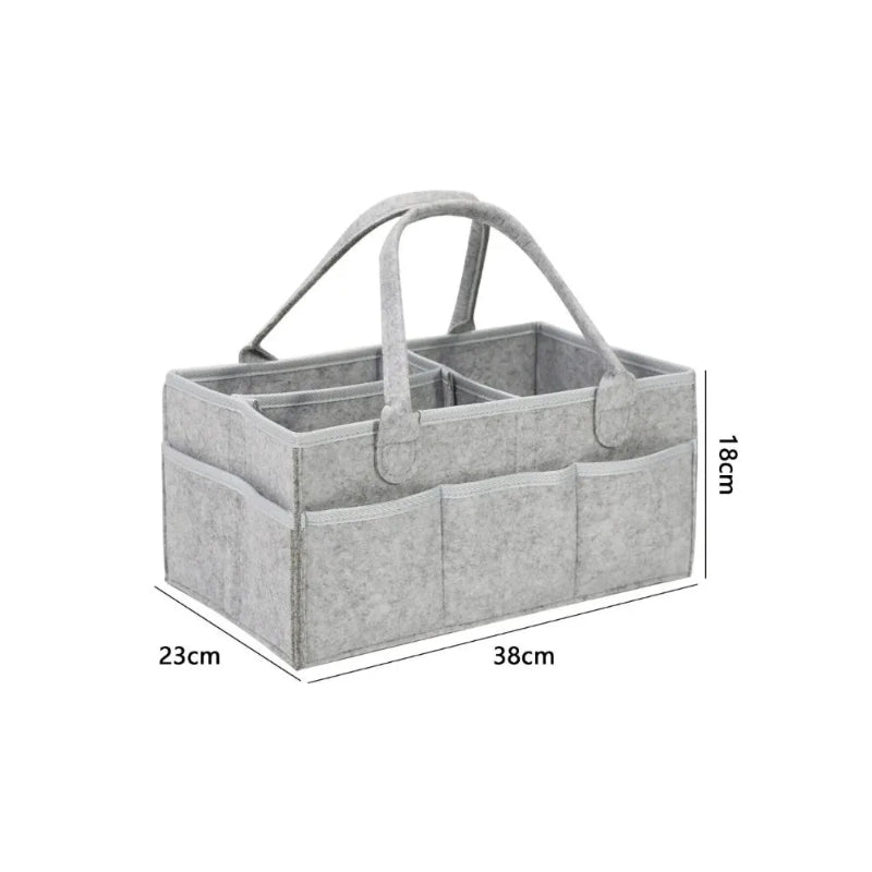Gray fabric caddy with handles and dimensions on a white background