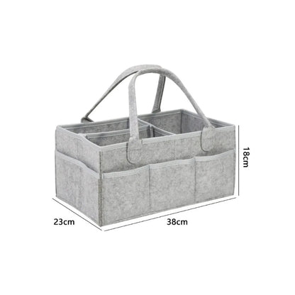 Gray fabric caddy with handles and dimensions on a white background