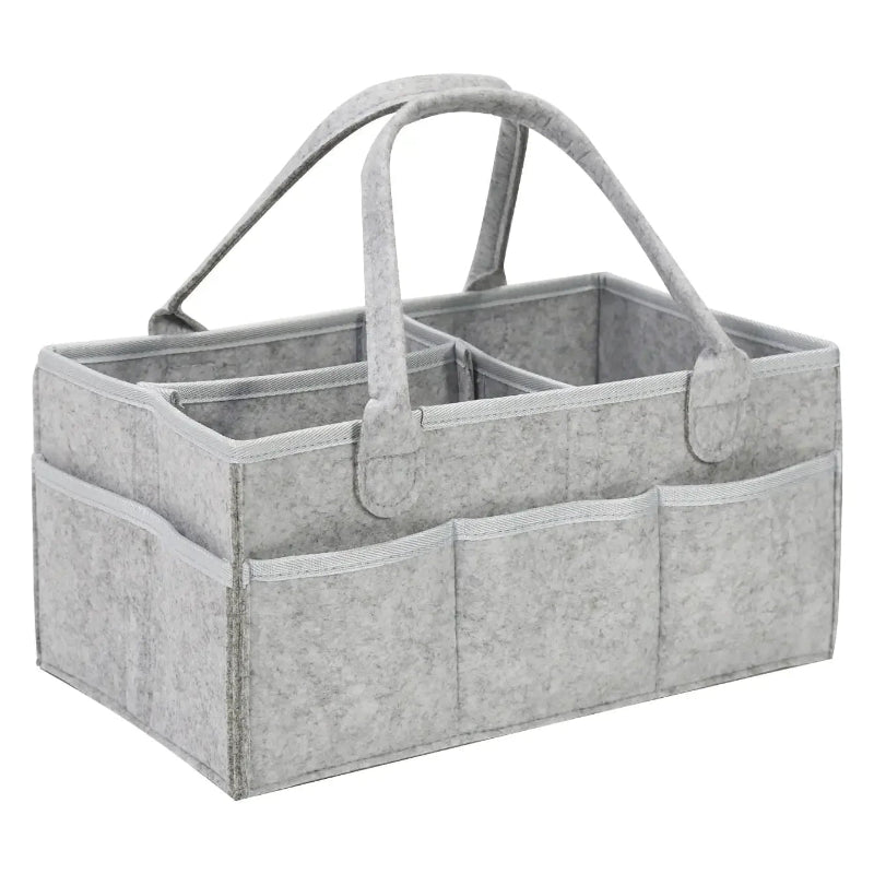 Gray felt storage caddy with multiple compartments on a white background