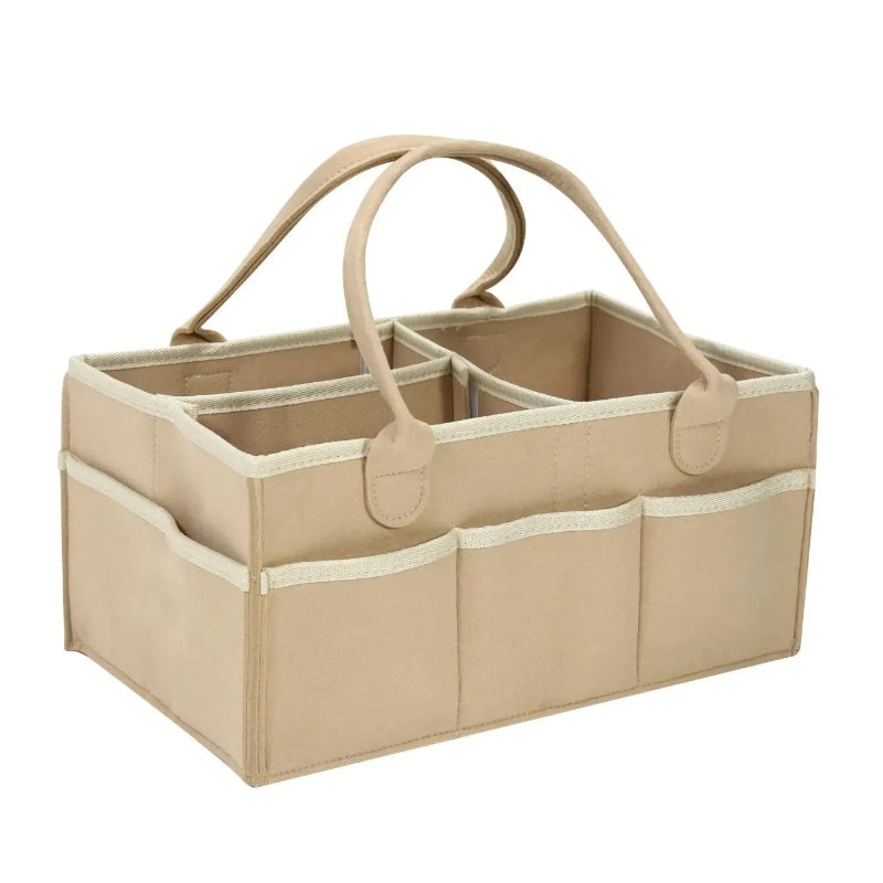 Beige fabric caddy with multiple compartments on a white background