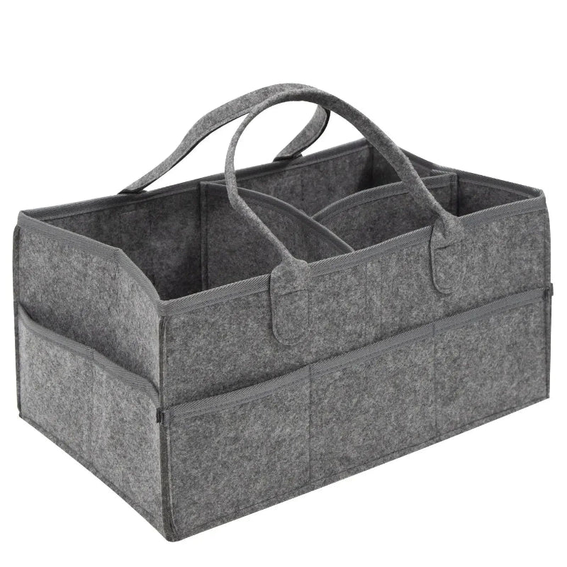 Gray felt storage caddy with multiple compartments on a white background
