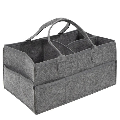 Gray felt storage caddy with multiple compartments on a white background